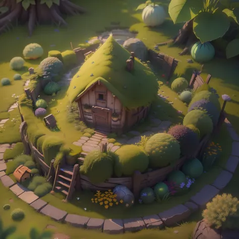 Masterpiece, Best quality, (Extremely detailed Cg Unity 8K wallpaper), (Best quality), (Best Illustration), (Best shadow), A round turnip hut covered with moss， Isometric 3D, rendering by octane,Ray tracing,Ultra detailed
