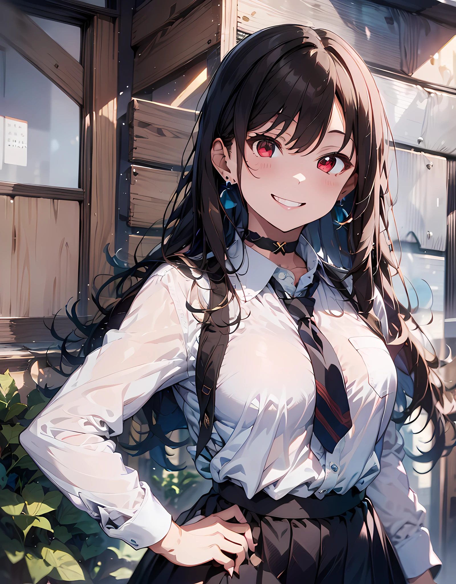 masterpiece, best quality, highres, Japanese school girl, 1girl, brown hair, long hair, multicolored hair, red eyes, jewelry, earrings, piercing, school uniform, white shirt, tied shirt, black choker, blue necktie, plaid skirt, grin, smile, standing, cowboy shot, outdoors, arms behind back, hands on hip,