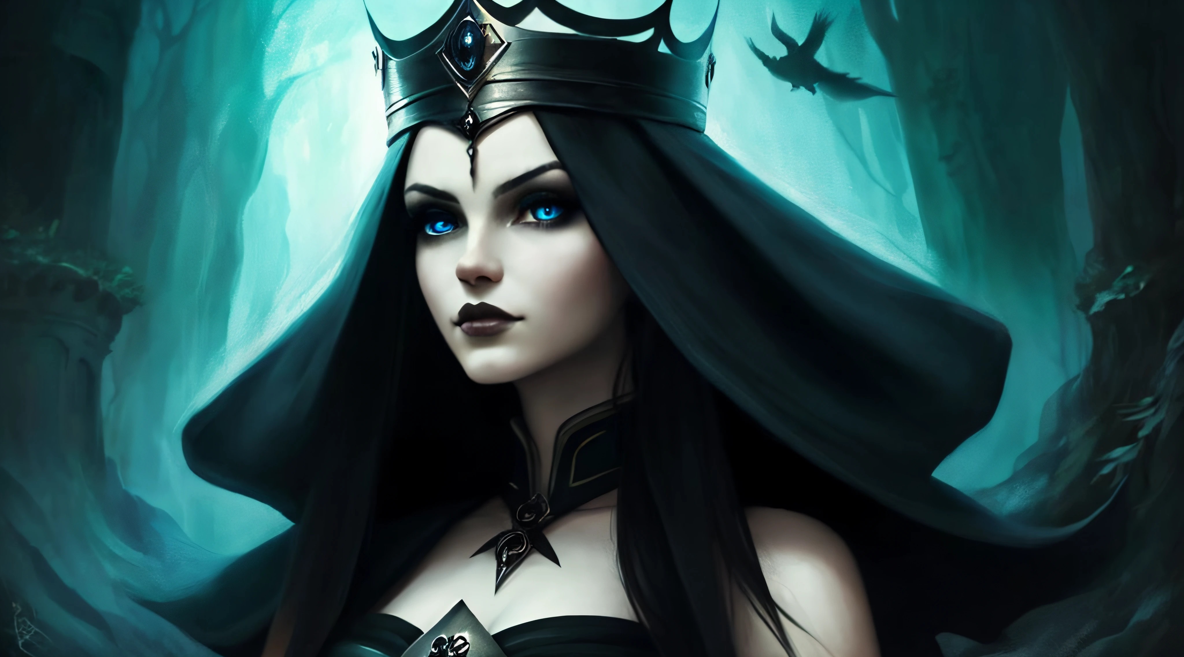 un primer plano de una mujer que llevaba una corona y un vestido negro, arte de estilo de fantasía oscura, estilo de arte de fantasía, una hermosa emperatriz de fantasía, epic estilo de arte de fantasía hd, ((una hermosa emperatriz de fantasía)), epic estilo de arte de fantasía, retrato de princesa gótica, arte de fantasía gótica, Arte de fantasía digital 2D, Hermosa y elegante