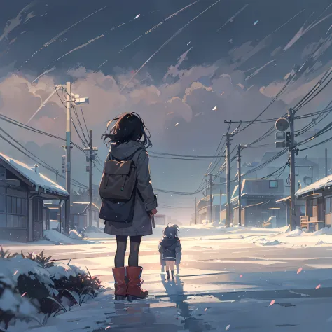 One girl staring at the sky in the distance、Alone、Black long-haired、Grey duffel coat、Check muffler、shortpants、Black tights、long boots、low angles、from the rear、shadowy、snowscape、Oyuki、Diamond Dust、Snow Town、zori、top-quality、​masterpiece、​​clouds、Sad atmosph...
