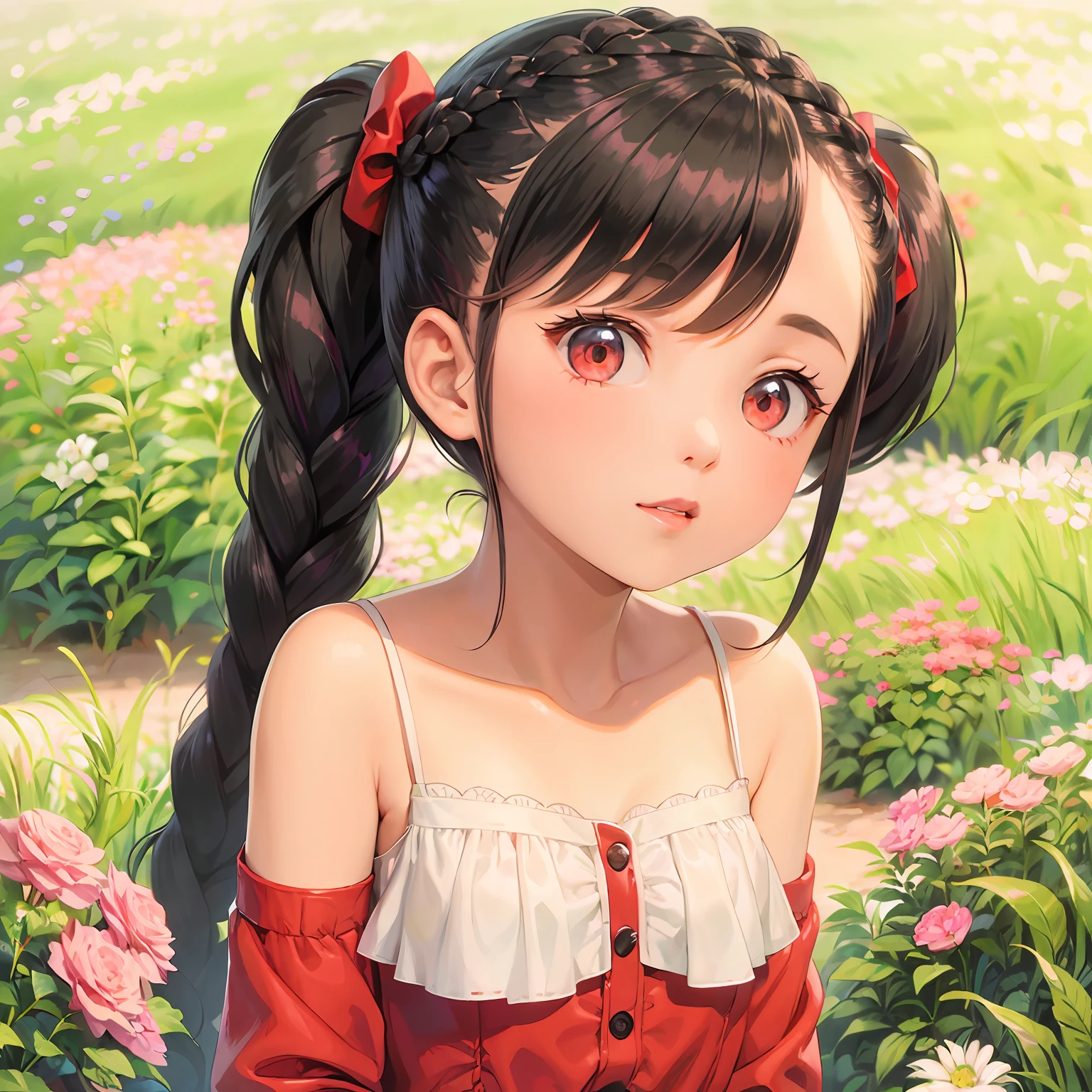 Cute little girl with double twist braids black hair and a little thick lips, Red dress Red bow on the head