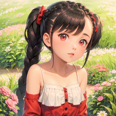 cute little girl with double twist braids black hair and a little thick lips, red dress red bow on the head