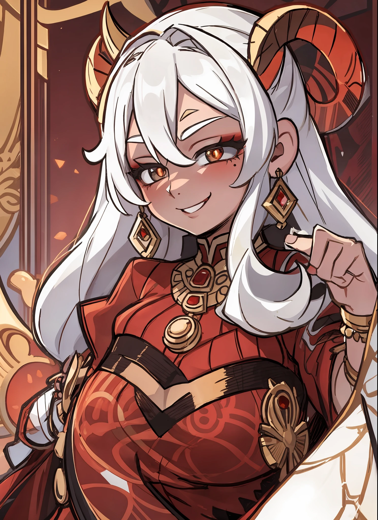 long white hair, red pupils, mole, jewelry, blushing, cute, smug, smile, rolling eyes, golden jewelry, red dress, goat horn, big breasts