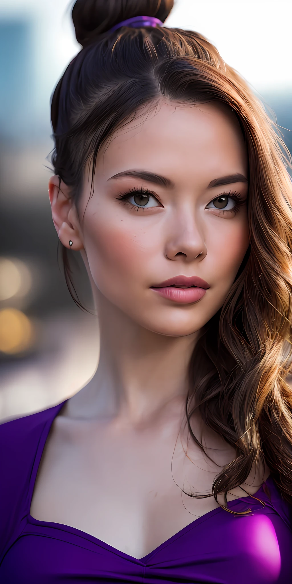 Full face portrait photo of 25 year old European girl, RAW, beautiful woman, semi-open strawberry lip, dimples, wistful expression, (brown hair with extra long wavy), ((detailed face)), ((detailed facial features)), (fine detailed skin), pale skin, cyberpunk megacity environment, (cool color), moist, damp, reflection, (masterpieceShot with Canon EOS R5 (detail) (Realistic photos) (Detailed details) 50mm lens, f/2.8, HDR, (8k) (wallpaper) (cinematic lighting) (dramatic lighting) (sharp focus) (complex), RAW photography, RAW photography, gigachad photography, camera pose, black jeans, back arm, 8k uhd, dslr, high quality, Grain Film, Fujifilm XT3, Film Stock Photo 4 Kodak Portra 400 Camera F1.6 Lens Rich colors Ultra-realistic textures Dramatic lighting Unreal Engine Art Station Trends Cinestill 800 Tungsten, Toughboy Style, Ultra Focus Face, Intimidating, Fighting Position, Short Messy Hair, Muscles, Bursting Veins, Beads, (( Black & purple sexy dress)), (ponytail, 1 big bun),