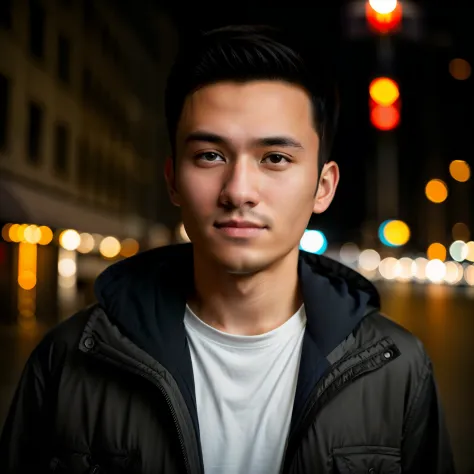 raw photography, portrait of a 25 year old man in casual clothes, night, city street, (high resolution skin: 1.2), 8k uhd, dslr,...