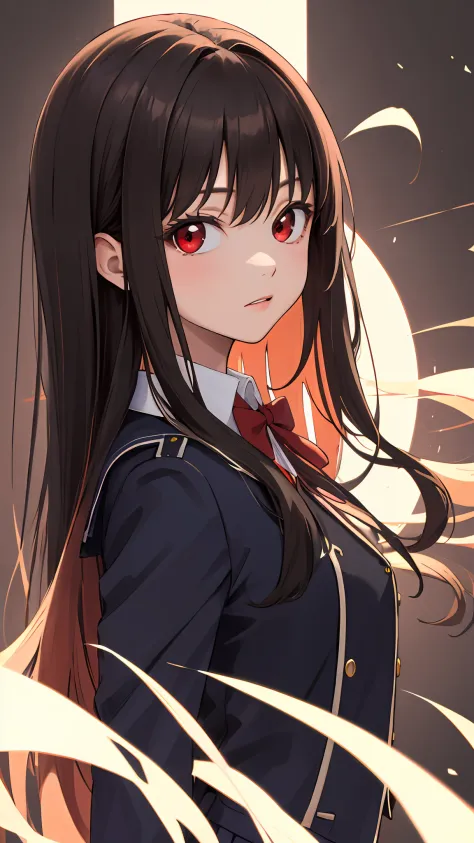 (masterpiece, best quality:1.2), looking at viewer, school uniform, (wavy hair:0.8), long hair, red eyes, upper body,