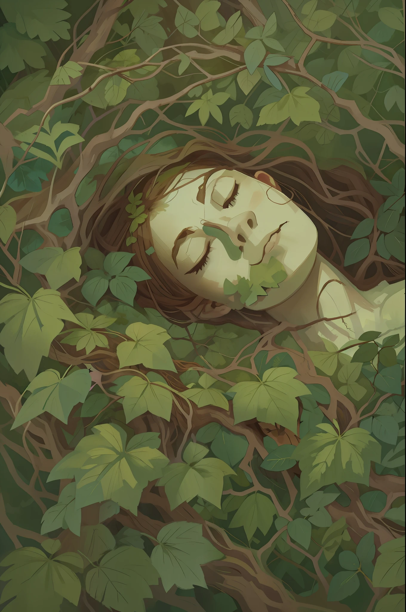 Картина гуашью Портрет женщины, спящей среди листьев, ветки и цветы, все тело:1.5, лежа на лесной земле, портрет высокого качества, эстетический портрет, Ядовитый плющ, запутался в корнях, ветки и листва, Один:1.5, реалистичная натуральная кожа, профессиональная ретушь, красивый, очень симметричный, загадочная атмосфера, в стиле RootsBranchesAI, сидящий, элизиумчар, 1 девушка, фон с корнями и ветвями