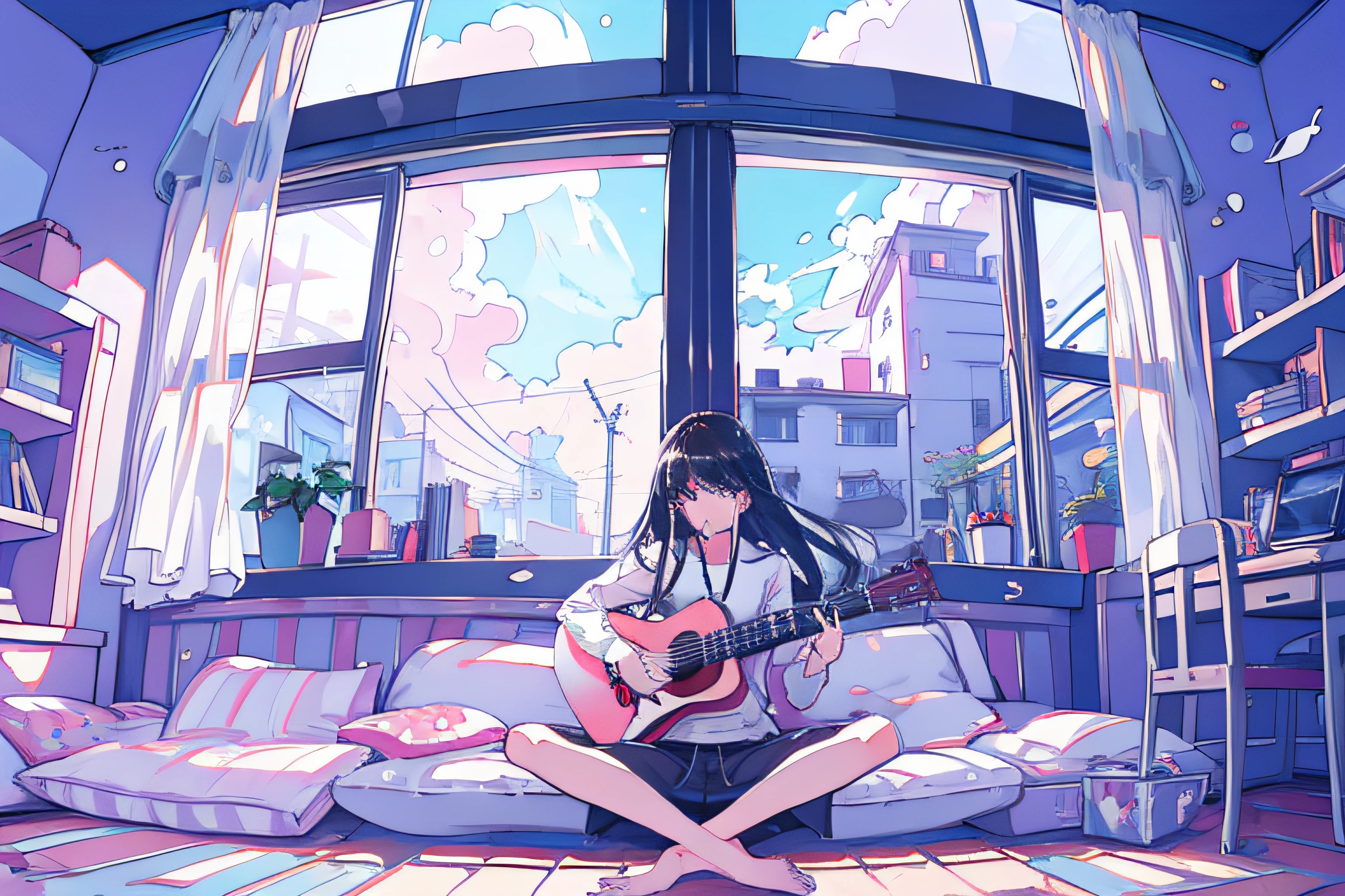 1girl in, Detailed details, A dark-haired, length hair, White underwear, Skin, White bed, Sitting cross-legged on the bed, Playing acoustic guitar, In front of a large window, inside in room, Hardwood flooring, bookcase, houseplant, desk work, a chair, personal computers, Big stuffed bear, Big entrance clouds outside the window,