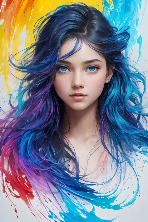 Colorful beautiful girl: a giru 8-years old, messy hair, oil painting, nice perfect face with soft skinice perfect face, blue ye...