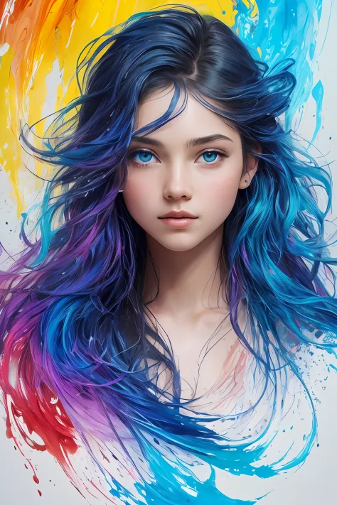 colorful beautiful girl: a giru 8-years old, messy hair, oil painting, nice perfect face with soft skinice perfect face, blue ye...