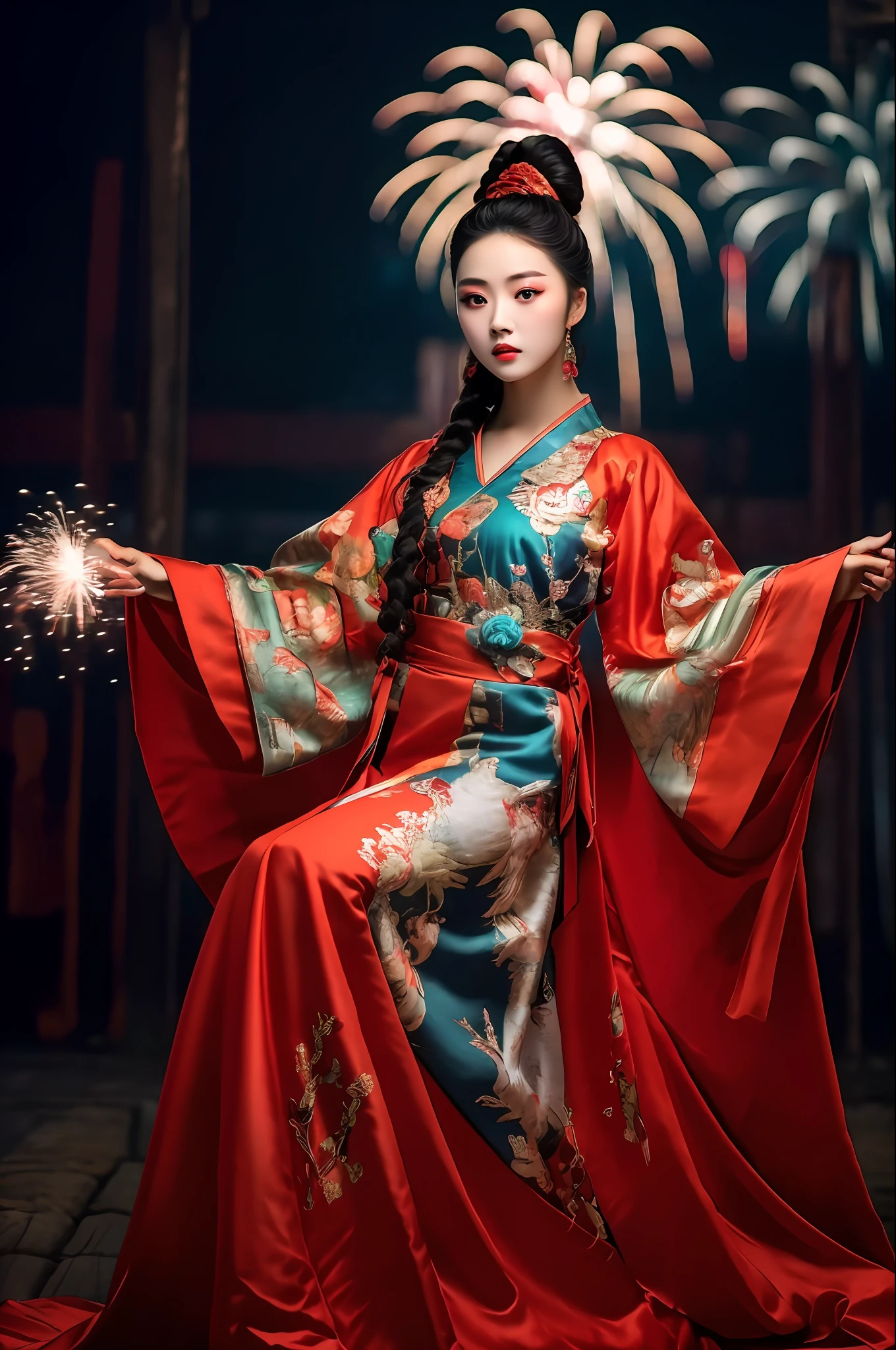 masterpiece,(best quality:1.3),ultra high res,raw photo,detailed skin,beautiful lighting,(realistic, photo-realistic:1.4),
1girl,guofeng,full body,(Fireworks background:1.2),Professional stage light,