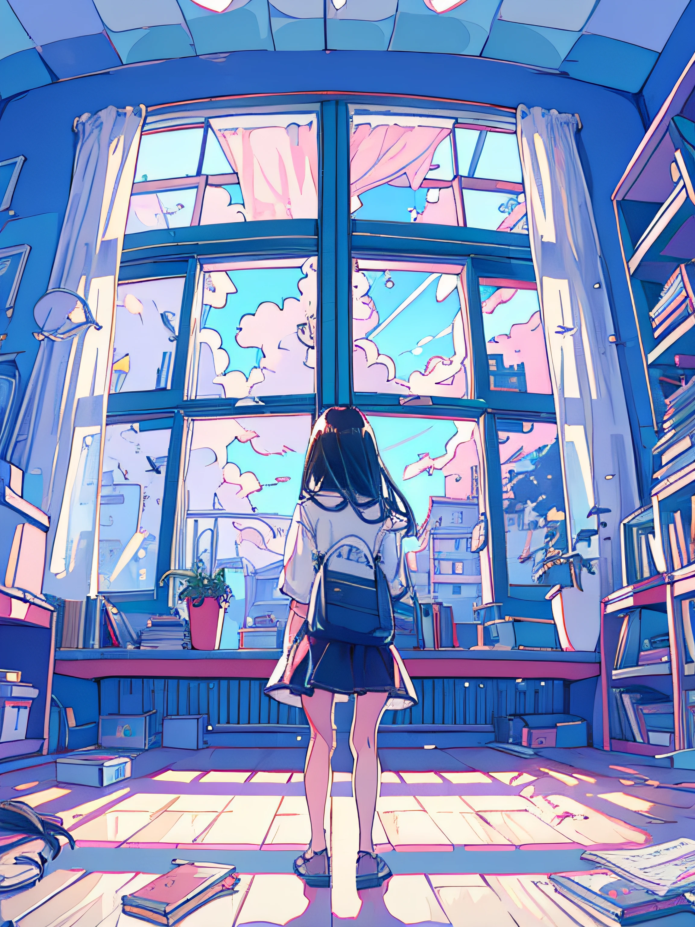 (1girl in), 20yr old, Detailed details, A dark-haired, length hair, (White underwear), White shirt, In front of a large window, (Stand facing the window), plays the guitar, posterior view, inside in room, Hardwood flooring, bookcase, houseplant, Big clouds outside the window, portlate,