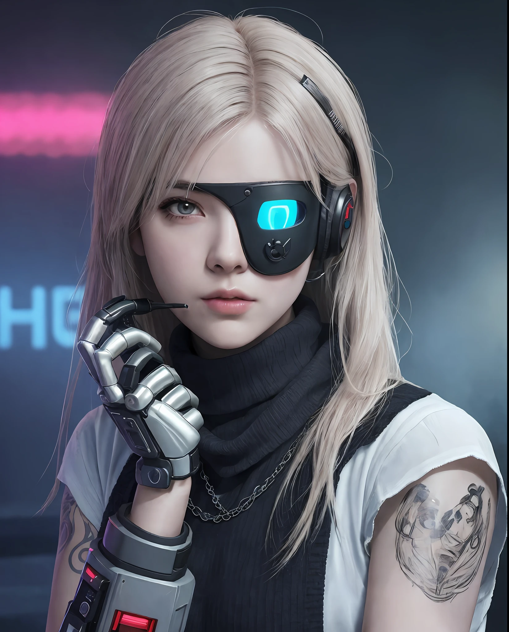 RAW, Masterpiece, Evil woman, undead, demi-human, Ultra Fine Photo, medium breast, Best Quality, Ultra High Resolution, Photorealistic, Sunlight, Portrait, Stunningly Beautiful, blindfolded, blindfold, half body, Delicate Face, Vibrant Eyes, RAW photo, 1girl, solo, 1girl, solo, half body, holding weapon, science fiction, assault rifle, straight-on, red scarf around the neck, solo, armor, ((see through cloths)), onisamurais girl futuristic, pussfer vest,cyberpunk, vr headset, mecha mask, demon, futuristic cyberpunk, tattoes, analog photo, 3d realistic, stuning potrait, (extremely detailed CG unity 8k wallpaper), of the most beautiful artwork in the world, professional photography, trending on ArtStation, trending on CGSociety, Intricate, High Detail, Sharp focus, dramatic, photorealistic, cyberpunk, futuristic, pale skin, slim body, (high detailed skin:1.2), 8k uhd, dslr, soft lighting, high quality, film grain, Fujifilm XT3, demonic feminim, glossy, pink white vibes, necklace, piercing, ear piercing, tattoes, HELMET, MACHINE, GUN, SCIENCE FICTION, ROBOT, MECHA, HUMANOID, emo_hairstyle