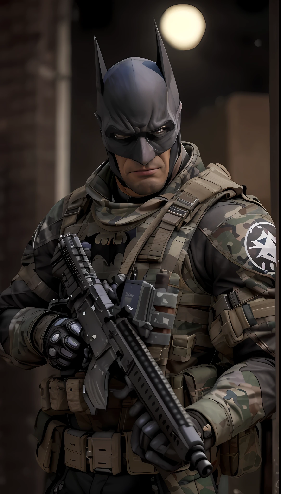 (((masterpiece, DC Comics, batman the dark knight))), street alley, garbage, rain, future soldier, aggressive, big,  strong,  Visions, ((Batman Vission Future Soldier, Wear camouflage military uniform, no parts of the face exposed))) Advanced technology, High-tech weapons, (((batman post-apocalyptic war soldier, Epic resolution, Epic Quality, auto focus, field depth, Epic sharpness, Detailed luxury, Fantastic color and contrast, Precise saturation, IMAX HDR, cinematic lighting,Stunning realistic rendering quality,)))with ReV animated style, RevRealistic style.