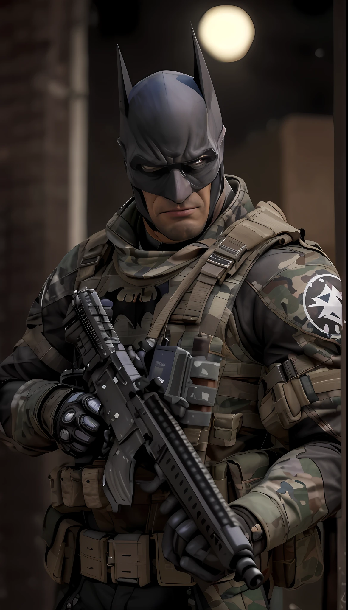 (((obra maestra, DC comics, Batman el caballero oscuro))), callejón, basura, lluvia, soldado del futuro, agresivo, grande,  fuerte,  Visiones, ((Batman Visión Futuro Soldado, Llevar uniforme militar de camuflaje, no hay partes de la cara expuestas))) Tecnología avanzada, Armas de alta tecnología, (((batman soldado de guerra post-apocaliptica, Resolución épica, Calidad épica, enfoque automático, profundidad de canpo, Nitidez épica, Lujo detallado, Fantástico color y contraste., Saturación precisa, IMAXHDR, iluminación cinematográfica,Impresionante calidad de renderizado realista,)))con estilo animado ReV, RevEstilo realista.