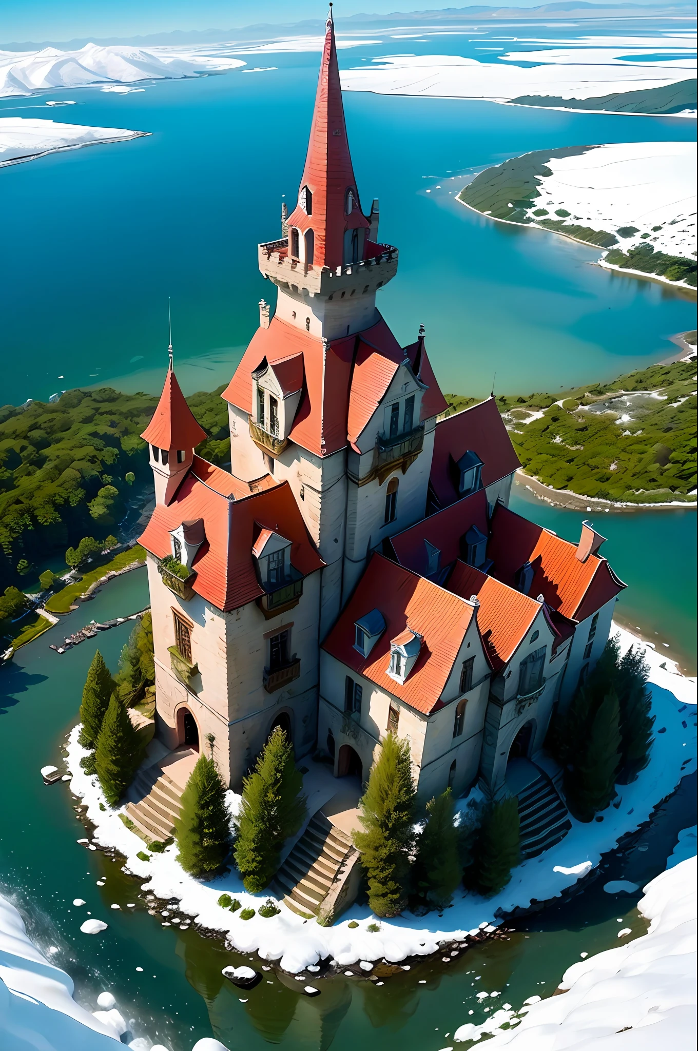 A castle on top of a mountain, sunny day, nieve en el castillo y alrededores, aerial  view, lente  ojo de pez, lago alrededor de la isla