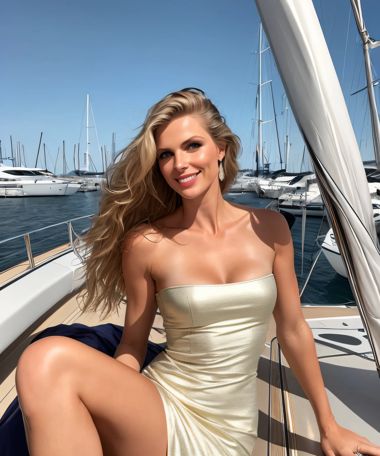 Legendäre Mode wunderschöne Supermodel Modell 35 Jahre alt, [[[[Ganzkörperaufnahme]]]], [[[[Brust]]]], [[[[neck]]]], [[[[Schultern]]]], glamour elegant yacht , perfekte Augen, perfekte Iris, perfekte Lippen, Perfekte Zähne, Perfekte Haut, Sanftes Frontlicht, Glühen, HDR, (Gedeckte Farben:1.2)