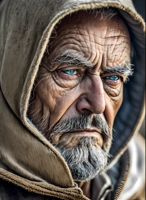 An epic close up portrait of elderly intense sinister eyes, and nose with long white beard, framed with a faded ancient tattered...