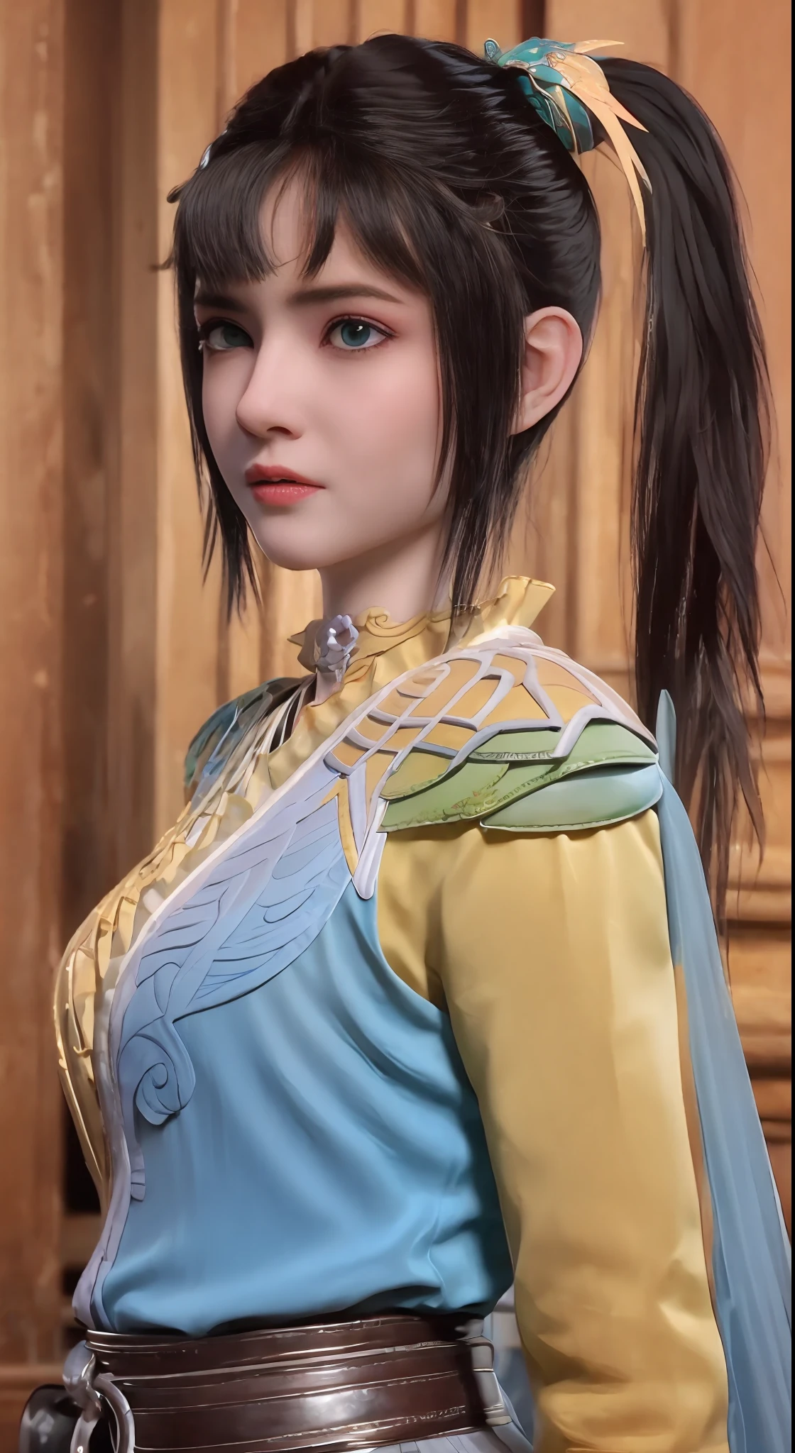 ((Best quality)), ((masterpiece)), official art, ultra detail, highres, ((beautiful detailed girl)), ((extremely detailed eyes and face)), (beautiful face: 1.2), 1girl, perfect body, thighhighs, 8K wallpaper, soft lightning, sikong qianlou, black hair, ultra detailed eye, big boobs, big breasts, green eye, blue eye, dept of field,