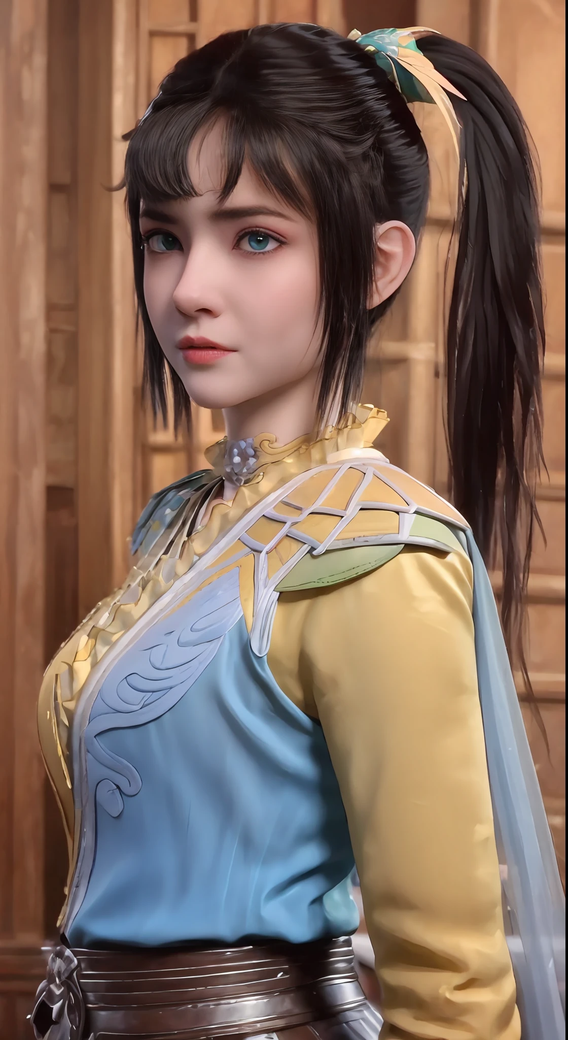 ((Best quality)), ((masterpiece)), official art, ultra detail, highres, ((beautiful detailed girl)), ((extremely detailed eyes and face)), (beautiful face: 1.2), 1girl, perfect body, thighhighs, 8K wallpaper, soft lightning, sikong qianlou, black hair, ultra detailed eye, big boobs, big breasts, green eye, blue eye, dept of field,