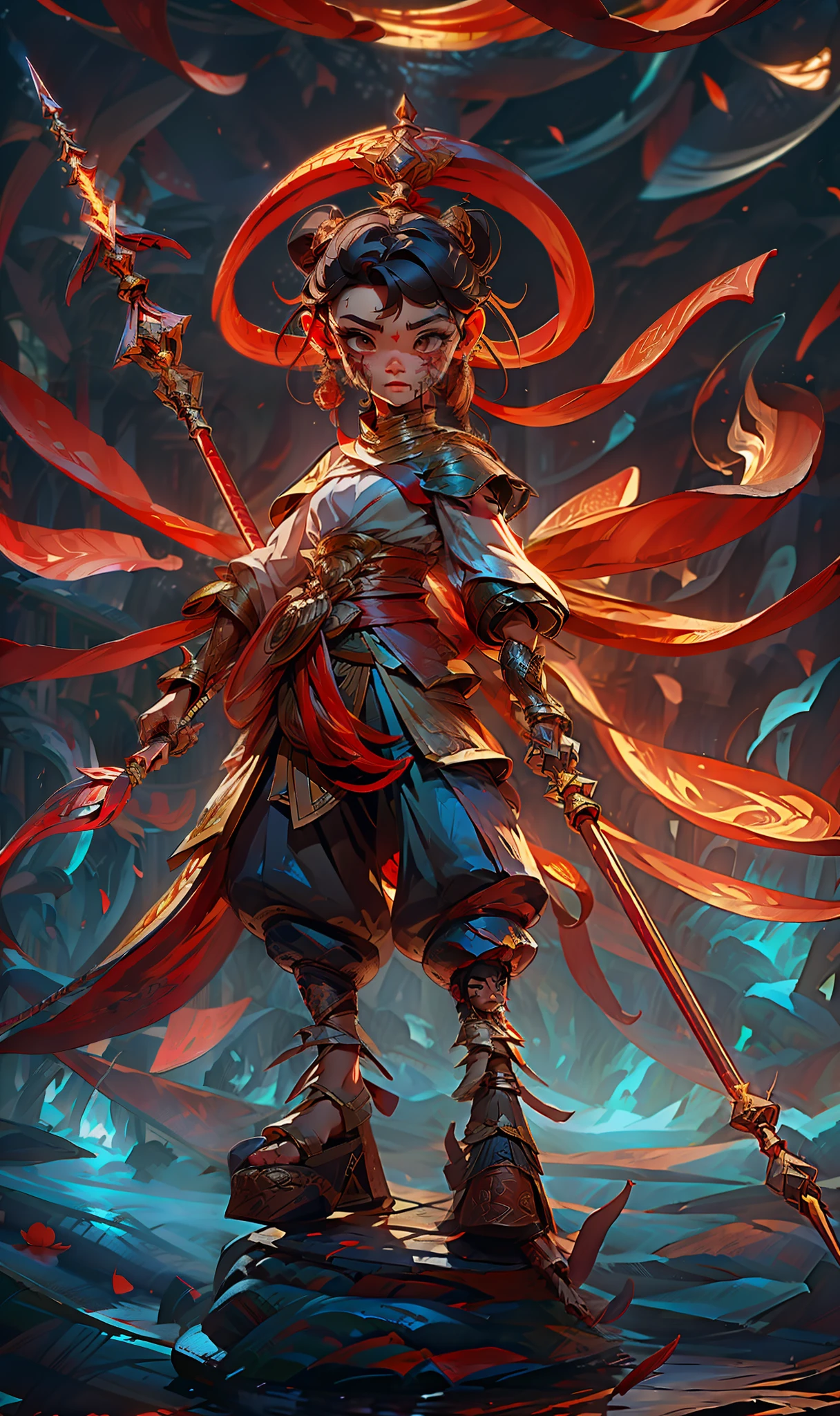 A little girl with blood on her face, a spear in her hand, a fire wheel on her feet, and a red silk on her body, a Chinese mythology