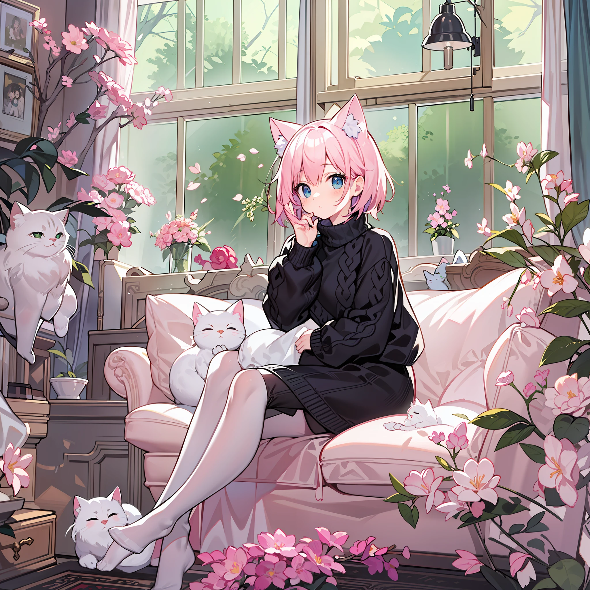 Masterpiece, best quality, (sense of design), poster ((poster design)) (front) room, window, girl sitting on sofa, short pink hair, a pair of fluffy cat ears, black sweater, white pantyhose,fairy tale girl,flower,