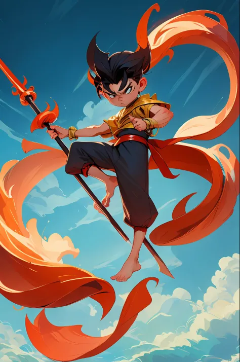 1 boy, angry, holding a spear, (flying), chinese mythology, cloudy, detailed sky, abstract background, (flame_surge_style:0.5), ...