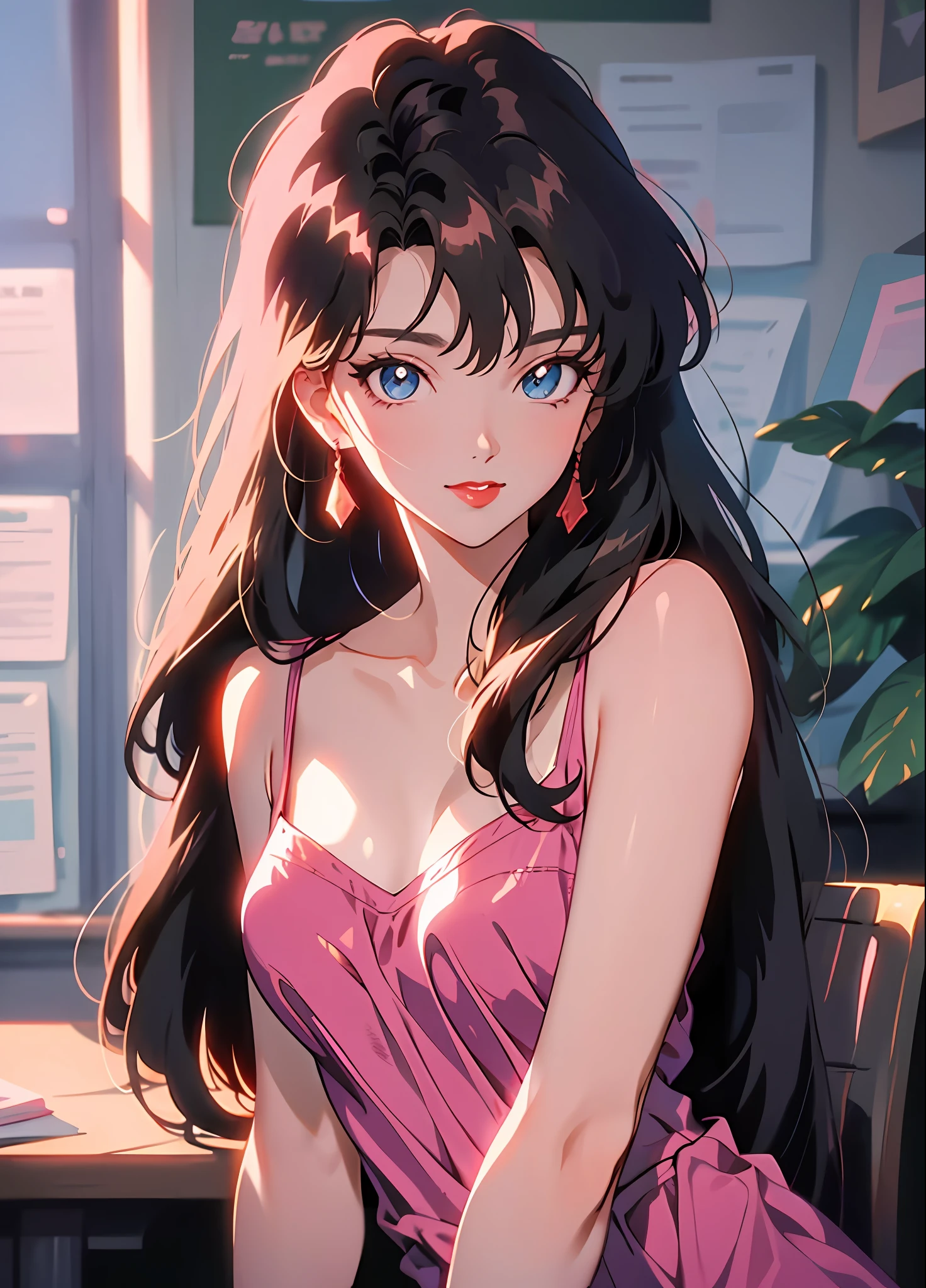 90's anime style，tmasterpiece，best qualityer，highest  quality，realisticlying，perfectanatomy，perfectface，Perfect eyes，long eyelasher，largeeyes，eye glass，red lips，lipstick，Business suit，1girll，solo，brunette color hair，shift dresses，eBlue eyes，shairband，（cabelos preto e longos），Pink dress，blacksilk，red hairband，exteriors, ssmile