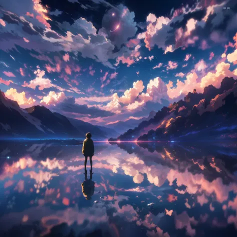 anime, a man in front of a lake looking up at the sky, anime art wallpaper 4k, anime art wallpaper 4k, anime art wallpaper 8 k, ...