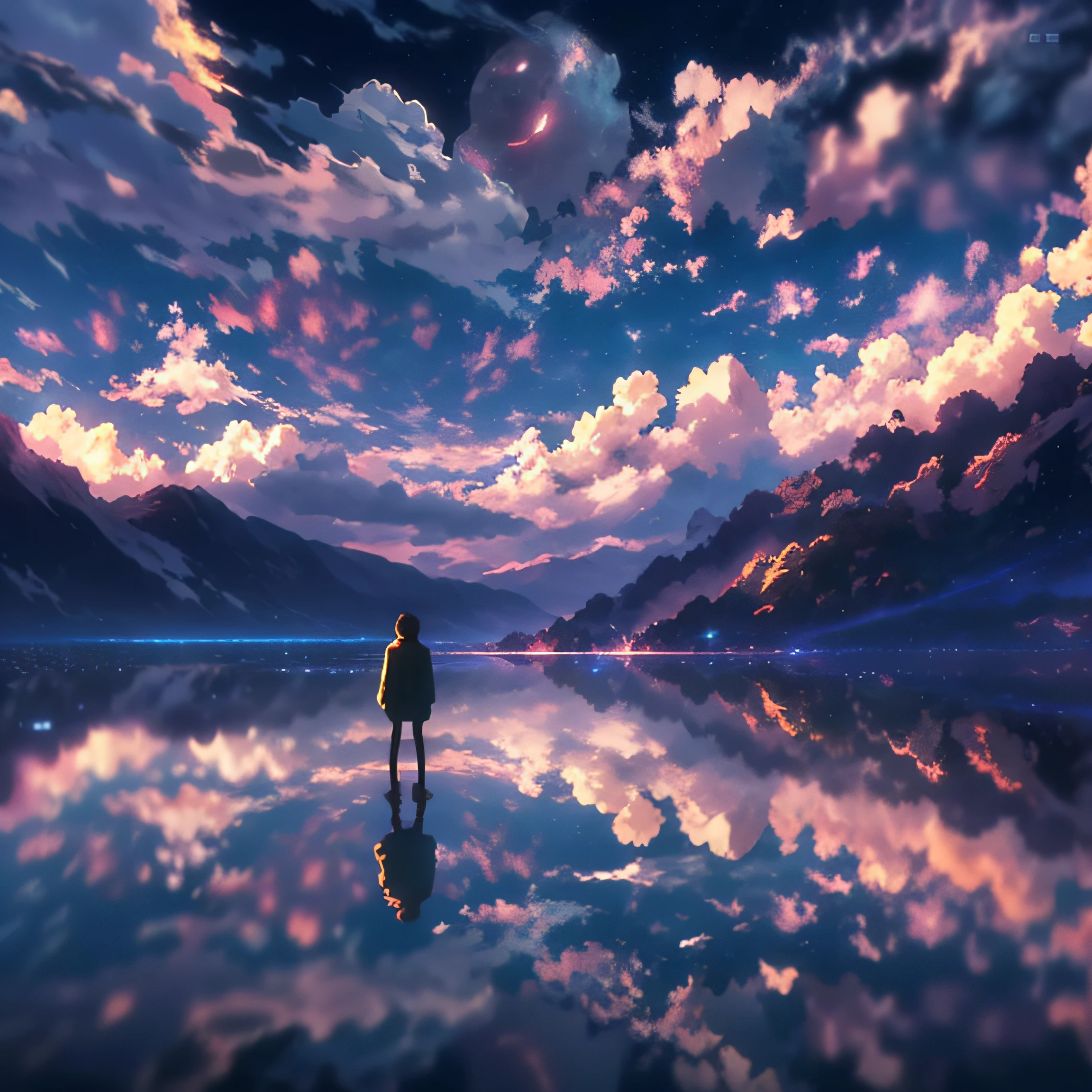 anime, a man in front of a lake looking up at the sky, anime art wallpaper 4k, anime art wallpaper 4k, anime art wallpaper 8 k, anime anime wallpaper 8k, anime wallpaper 4k, anime wallpaper 4k, anime wallpaper 4k, sentado na cosmic cloudscape, on cosmic cloudscape, makoto shinkai cyril rolando, space clouds, anime sky, attack on titan, muralhas, Eren Yeager, noite, alone, um homem, 1men,