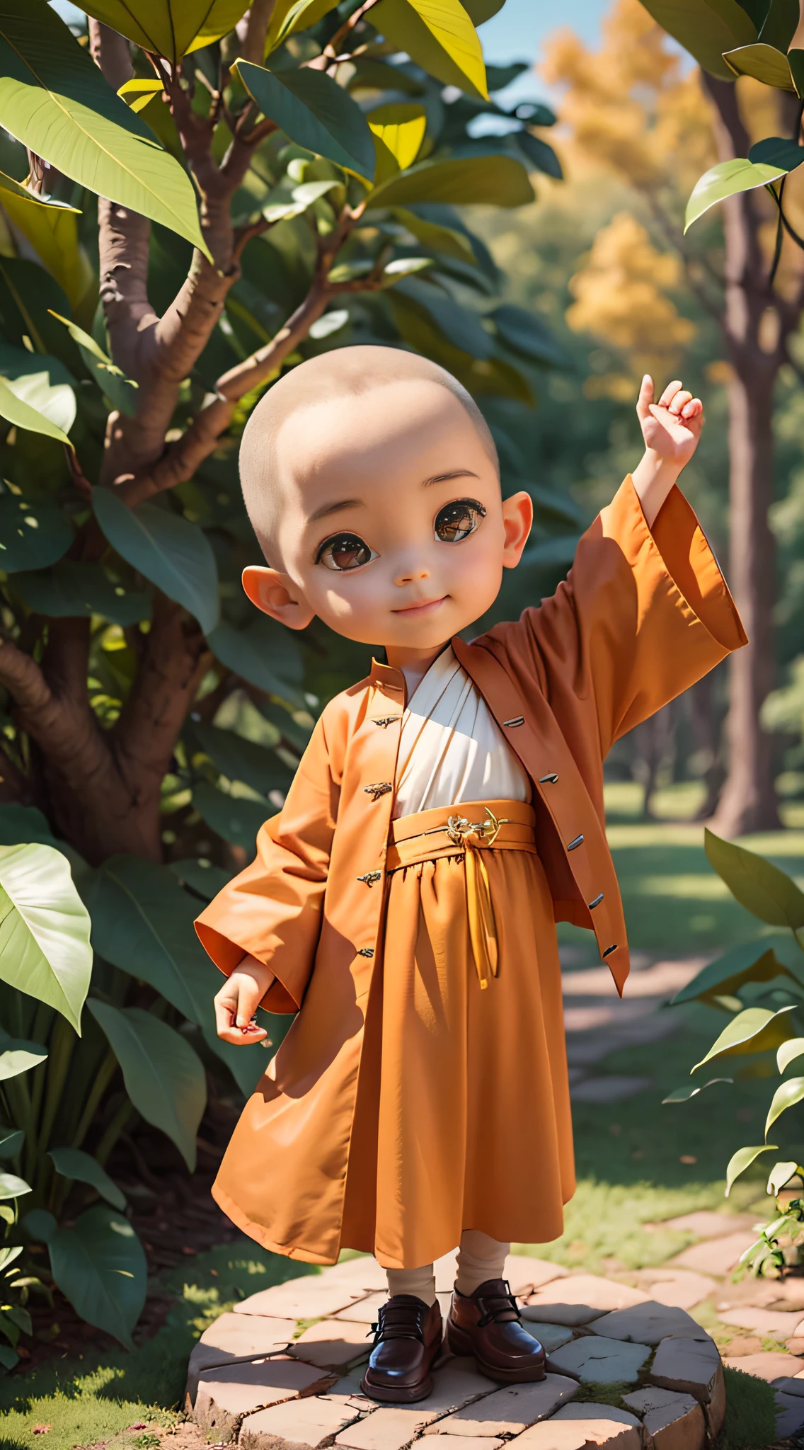 3세의 귀여운 스님，수도사，미소，두 손을 가슴 앞으로 모으세요，노란색 슬리브，자연의，큰 나무，떨어지는 잎，자연광，거장들의 작품，고품질，복잡한 세부 사항，8K 고화질
