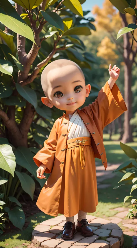 A cute little monk aged 3，Monkhood，ssmile，Put your hands together in front of your chest，Yellow Sleeve，naturey，big trees，falling...