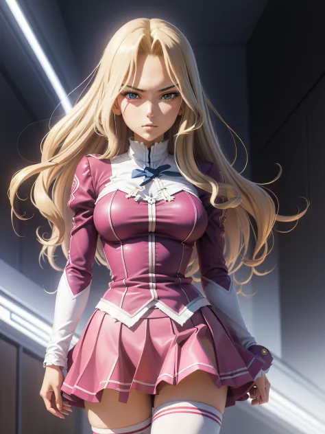 masterpiece, best quality, 1girl, elizabethmably, blonde hair, long hair, blue eyes, cowboy shot, pink skirt, miniskirt,  torn c...