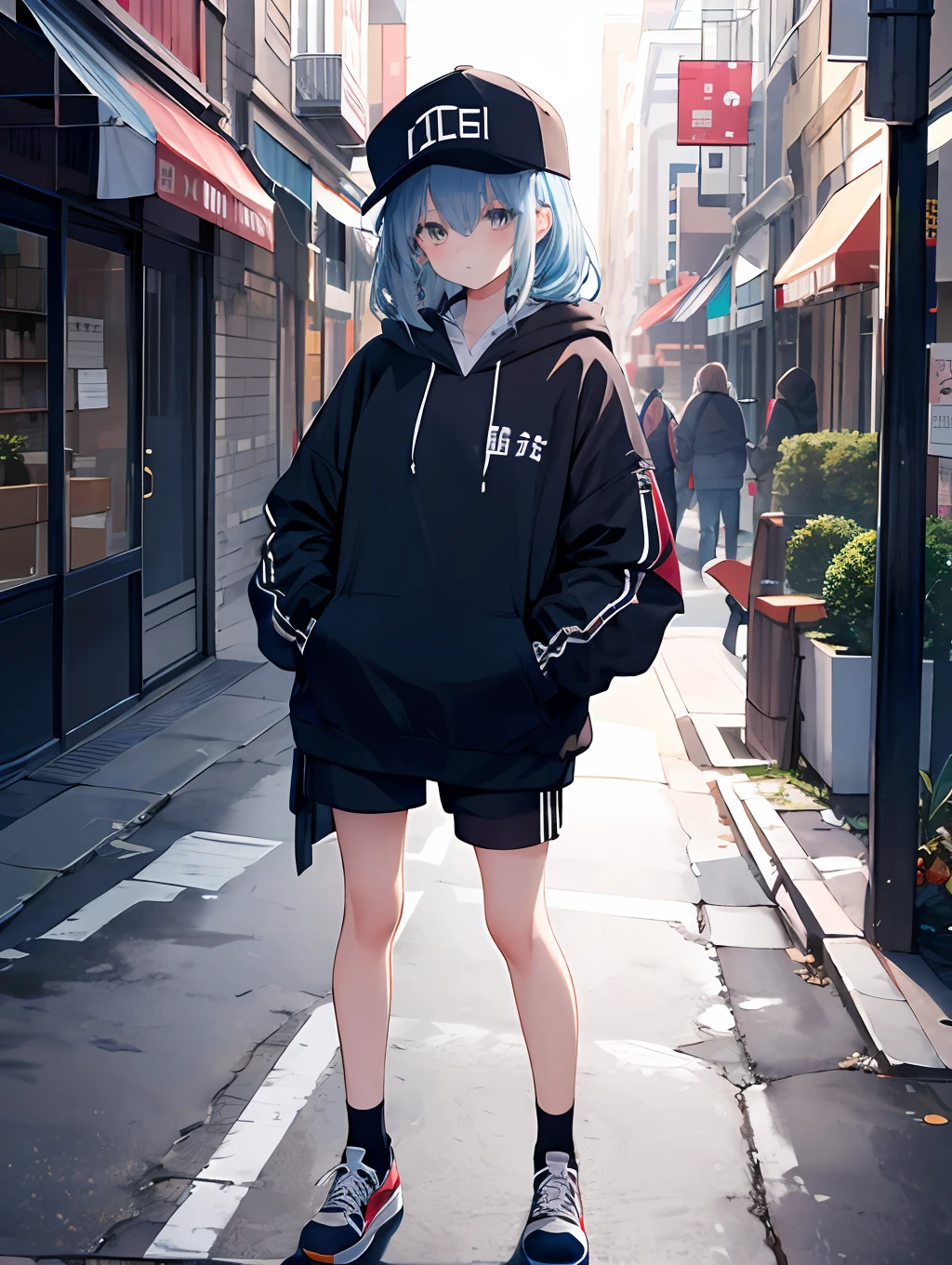 tmasterpiece，1girll，solo，long whitr hair，blue hairs，hoody，cropped shoulders：1.2，Mob caps，the street，hand on pockets，skateboards，