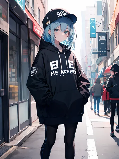 tmasterpiece，1girll，独奏，long whitr hair，blue hairs，hoody，cropped shoulders：1.2，Mob caps，the street，hand on pockets，skateboards，