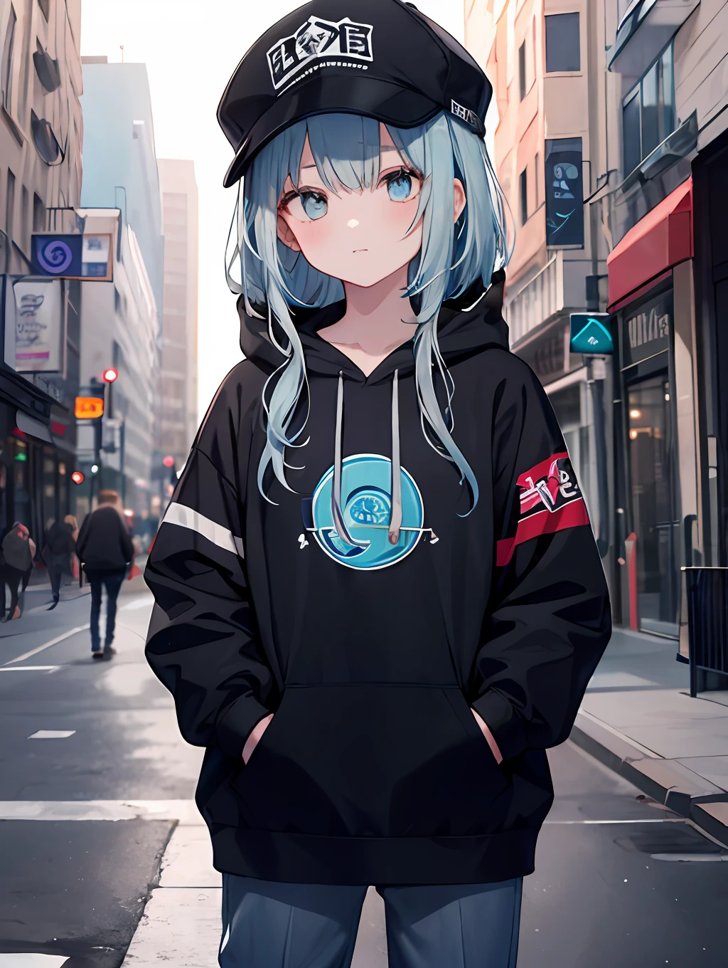 tmasterpiece，1girll，solo，long whitr hair，blue hairs，hoody，cropped shoulders：1.2，Mob caps，the street，hand on pockets，skateboards，