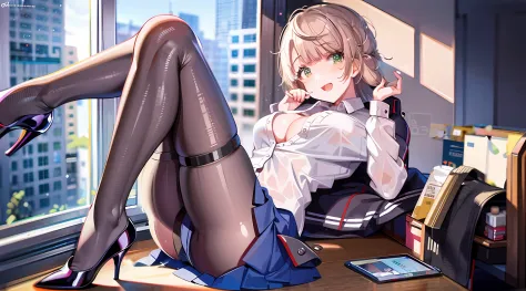 Anime girl sitting on table，legs crossed, Fine details. Girl Front, from girls frontline, sakimichan, (sfv) safe to work, Kantai collection style, girls frontline style, seductive anime girls, Surrealism female students, cyber school girl, at pixiv, Surrea...