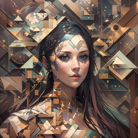 The avatar consists of simple geometric shapes，planar，closeup cleavage，In fantastic installation style，Realistic and imaginative...