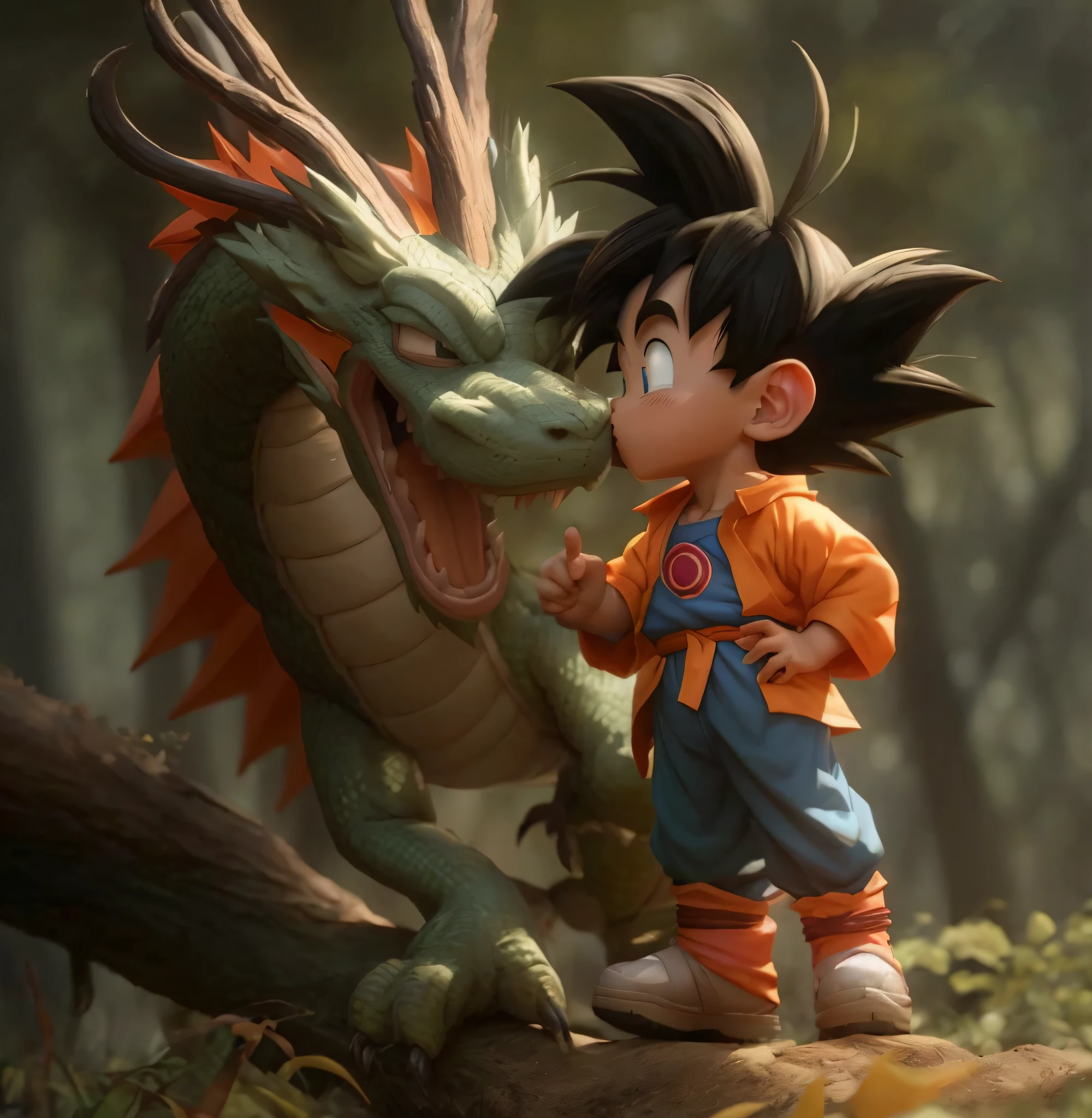 Dragon ball goku y gohan besándose en el bosque - SeaArt AI