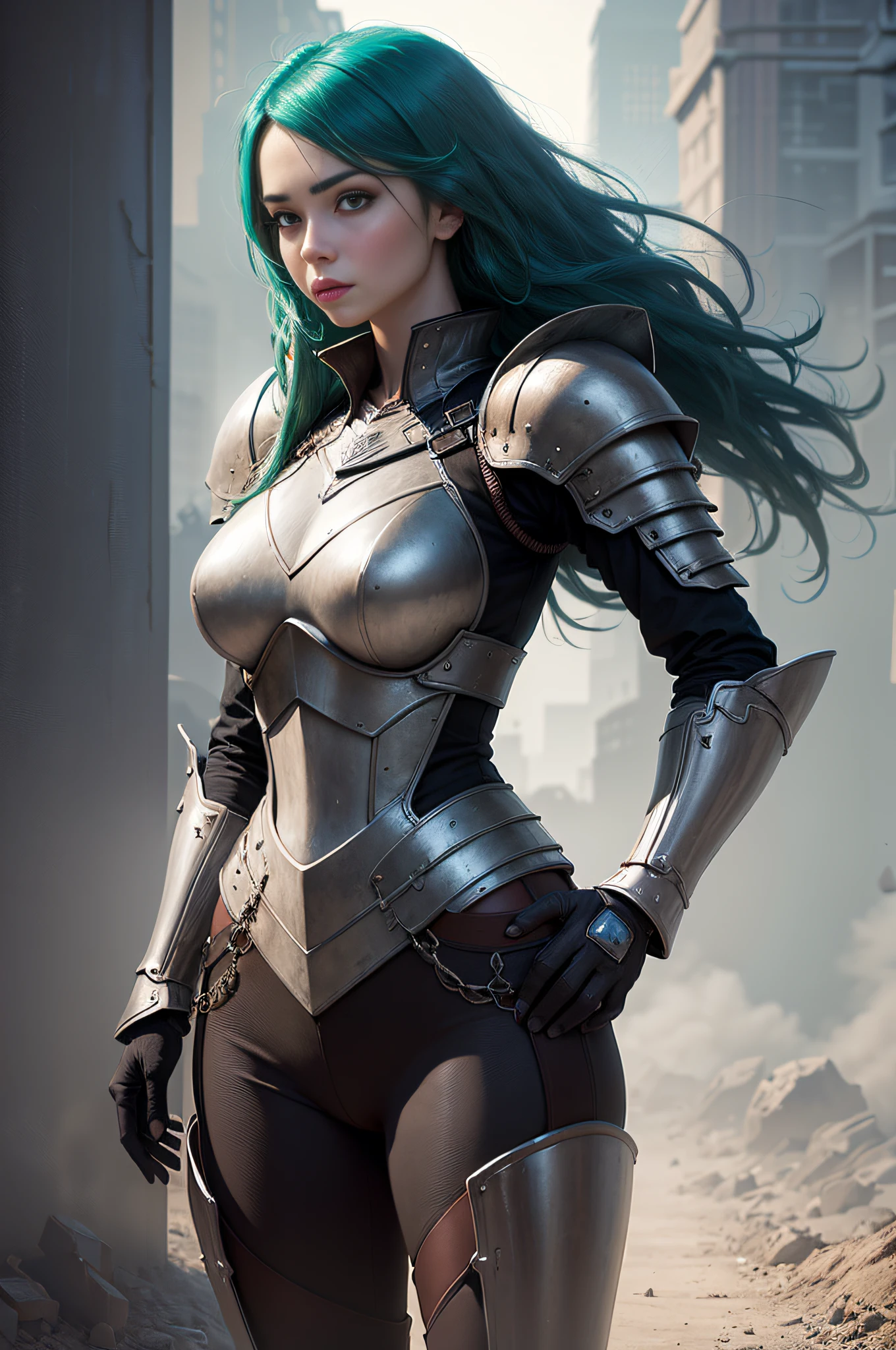 woman, photo realistic, masterpiece, realistic, high contrast, armor and closed blue iron, large body green hair