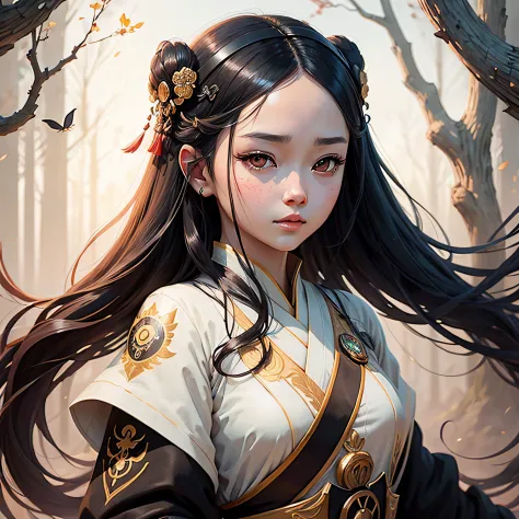 Anime girl with blackbird and white background,， A girl in Hanfu, delicated face，Big eyes shining，black color hair，complaisant，There are levels，Background is line drawing forest dead branches，A black flying bird，A beautiful artwork illustration, Guviz-styl...