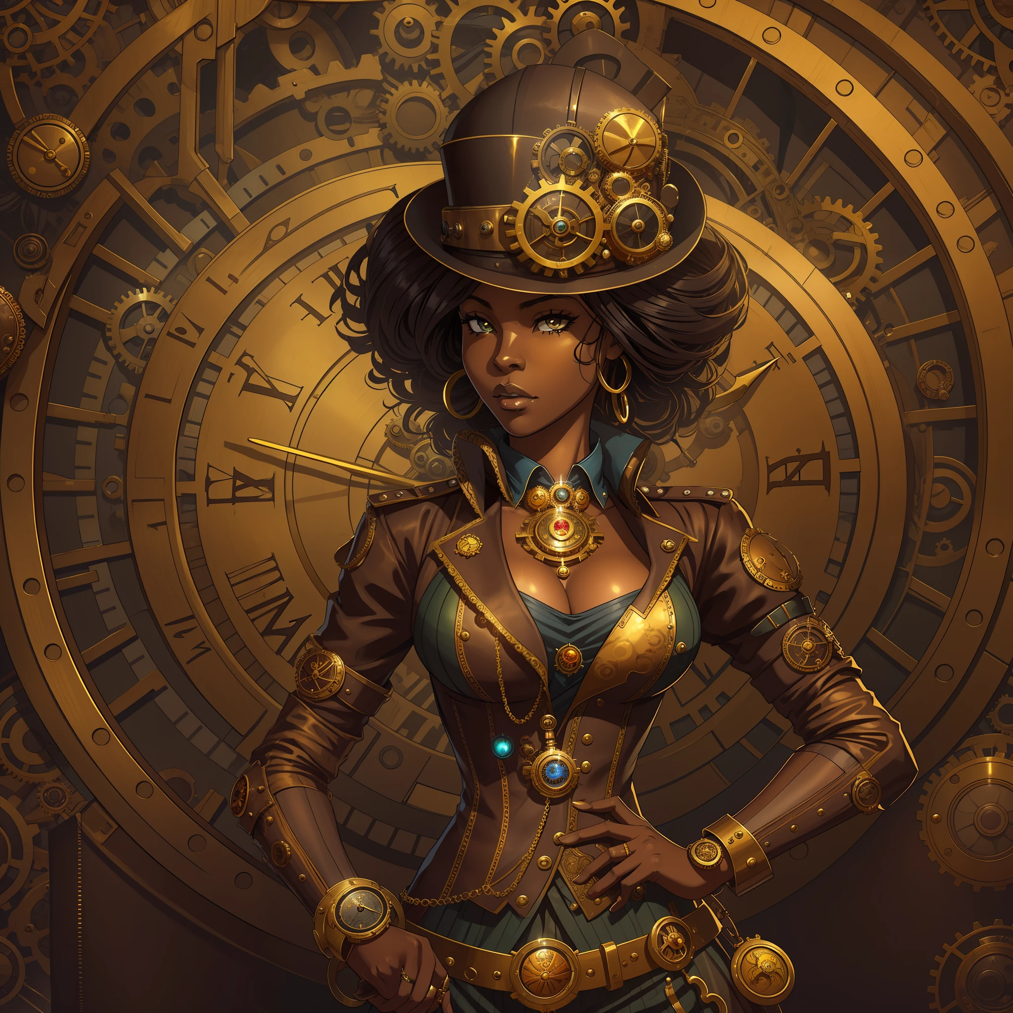 there is a African woman in a steam punk outfit standing in front of a clock, a steampunk beautiful goddess, african steampunk alchemist, clockwork woman, steampunk digital art, steampunk pin-up girl, digital steampunk art, steampunk beautiful anime woman, steampunk imagery themed, golden steampunk, clockwork steampunk, steampunk girl, a black dieselpunk policewoman, steampunk fantasy style, goddess of time