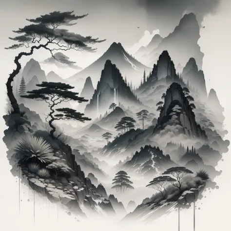 China-style，Natural scenery，tmasterpiece，ink and watercolor painting，High hills，rios，Bamboo note，Heavy fog，Black and white tones