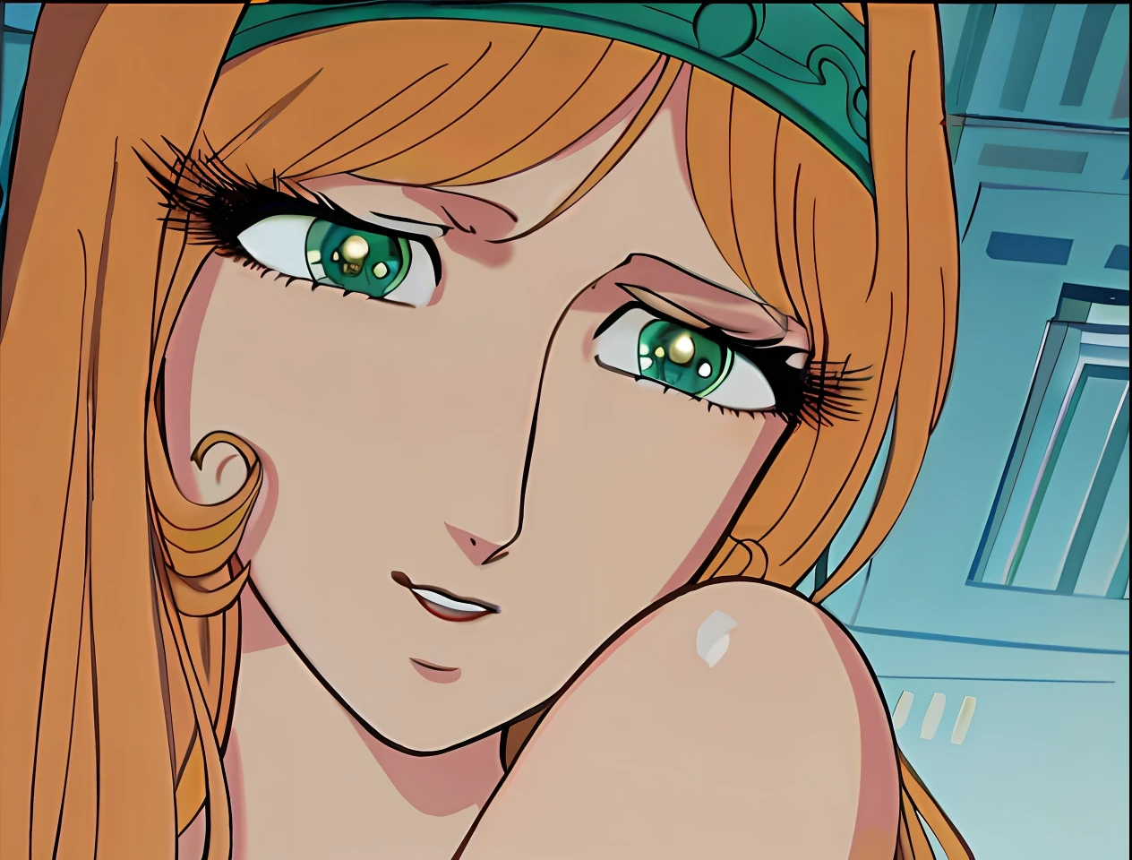 Close up portrait of woman with long hair and green eyes, beautiful portrait of nami, Nami of one piece, nami one piece, Nami, the goddess artemis smirking, gyro zeppeli, close up of a young anime girl, Anime girl named Lucy, from one piece, the sailor galaxia. Beautiful, Gainax anime style, Miura