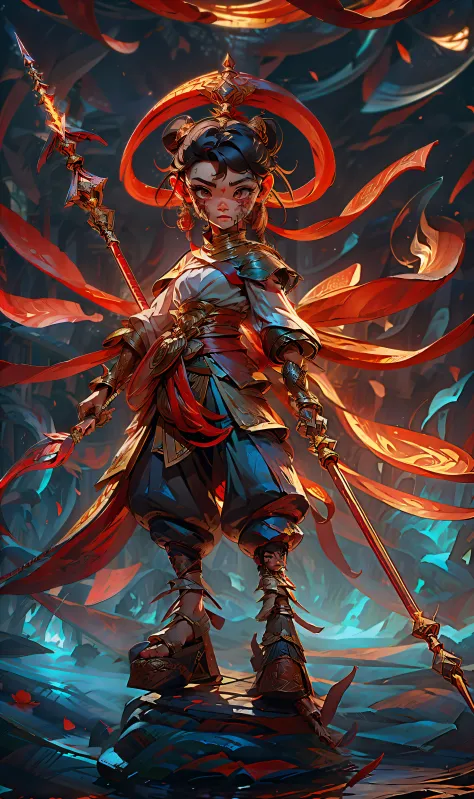 a little girl with blood on her face, a spear in her hand, a fire wheel on her feet, and a red silk on her body, a chinese mytho...