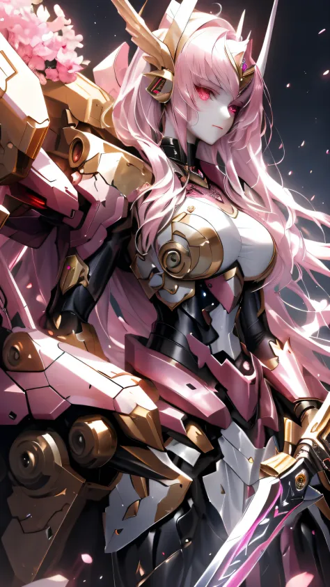 Anime girl with pink hair and sword in front of dark background, Kushatt Krenz Key Art Women, Mechanized Valkyrie girl, Armor Gi...