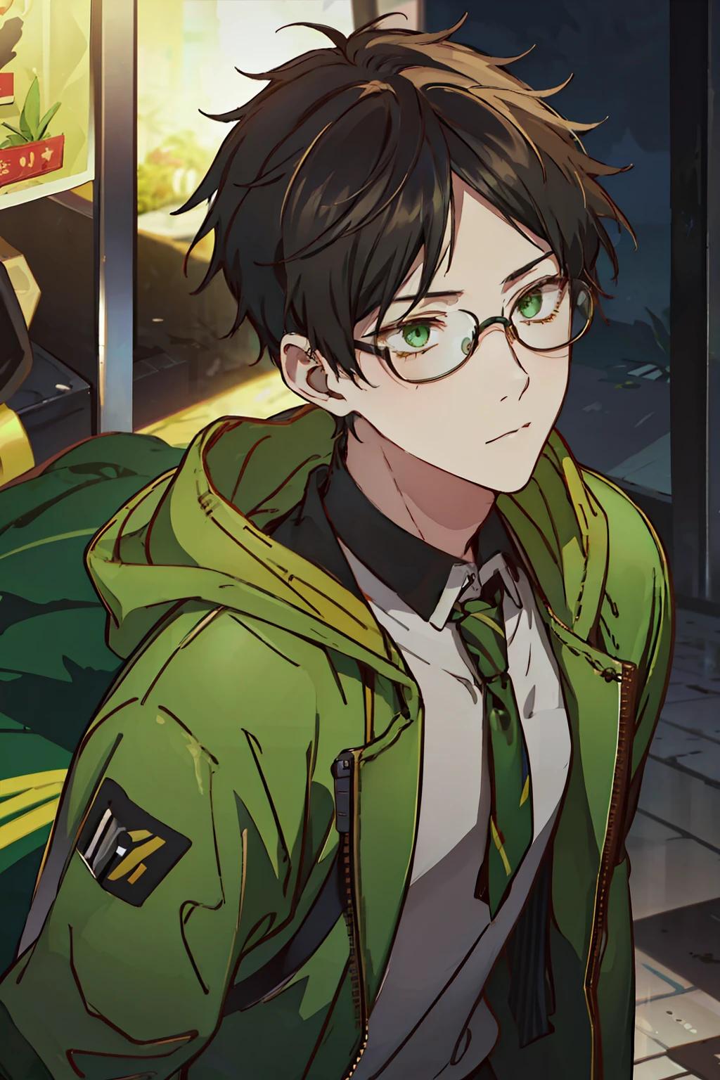 (high-quality, breathtaking),(expressive eyes, perfect face), 1boy, male, solo, short, young boy, short black hair, green eyes, glasses, blush, hoodie, on the street