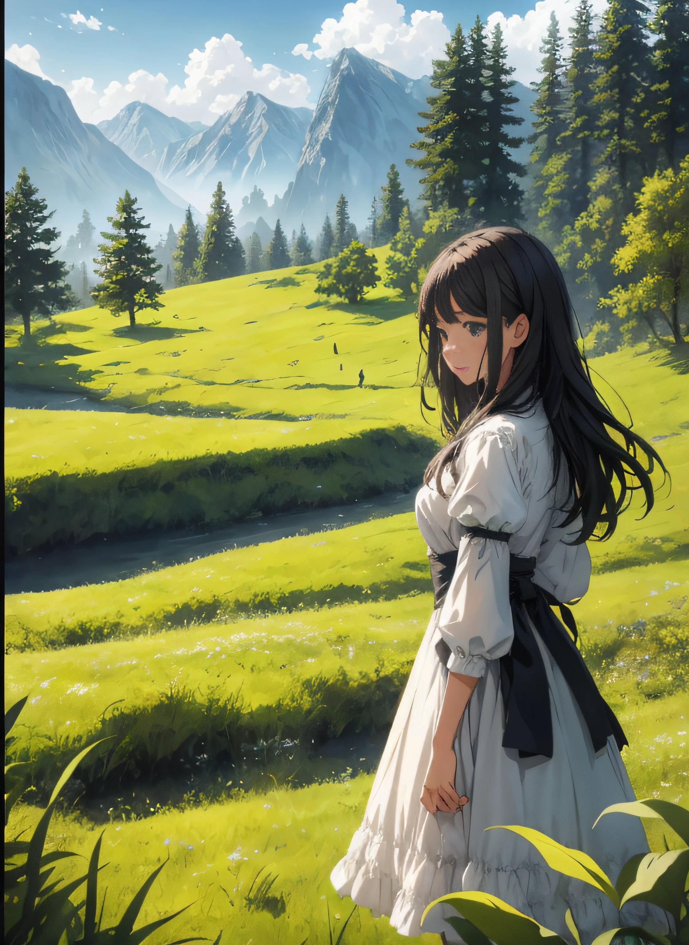 Anime girl in field with mountains as background, Anime Nature, beautiful anime scenes, anime countryside landscape, 4k manga wallpapers, Guviz-style artwork, anime nature wallpap, 4K anime wallpaper, makoto shinkai art style, Beautiful anime, beautiful anime scenery, Beautiful anime artwork, Anime landscape, Anime art wallpaper 8 K