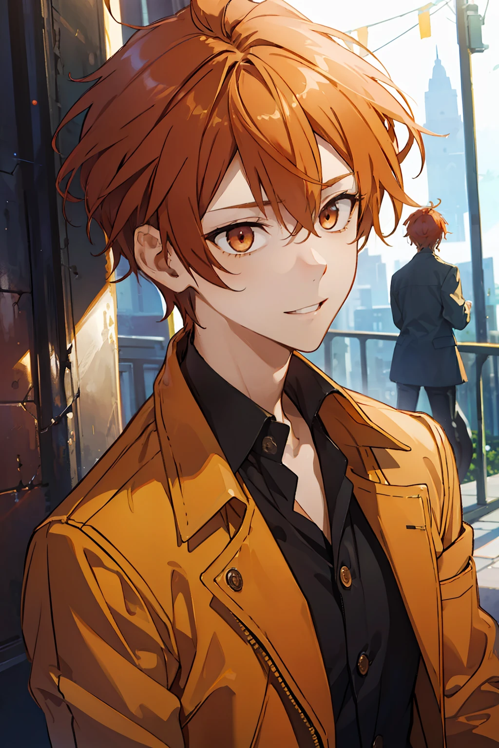 (high-quality, breathtaking),(expressive eyes, perfect face), 1boy, male, solo, short, young boy, short orange hair, orange eyes, smile, jacket, on the street, daytime, on a date