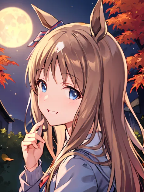 illustration, better lighting, top quality, cute smile, Grass Wonder \(umamusume\), autumnal maple leaves shower, full moon